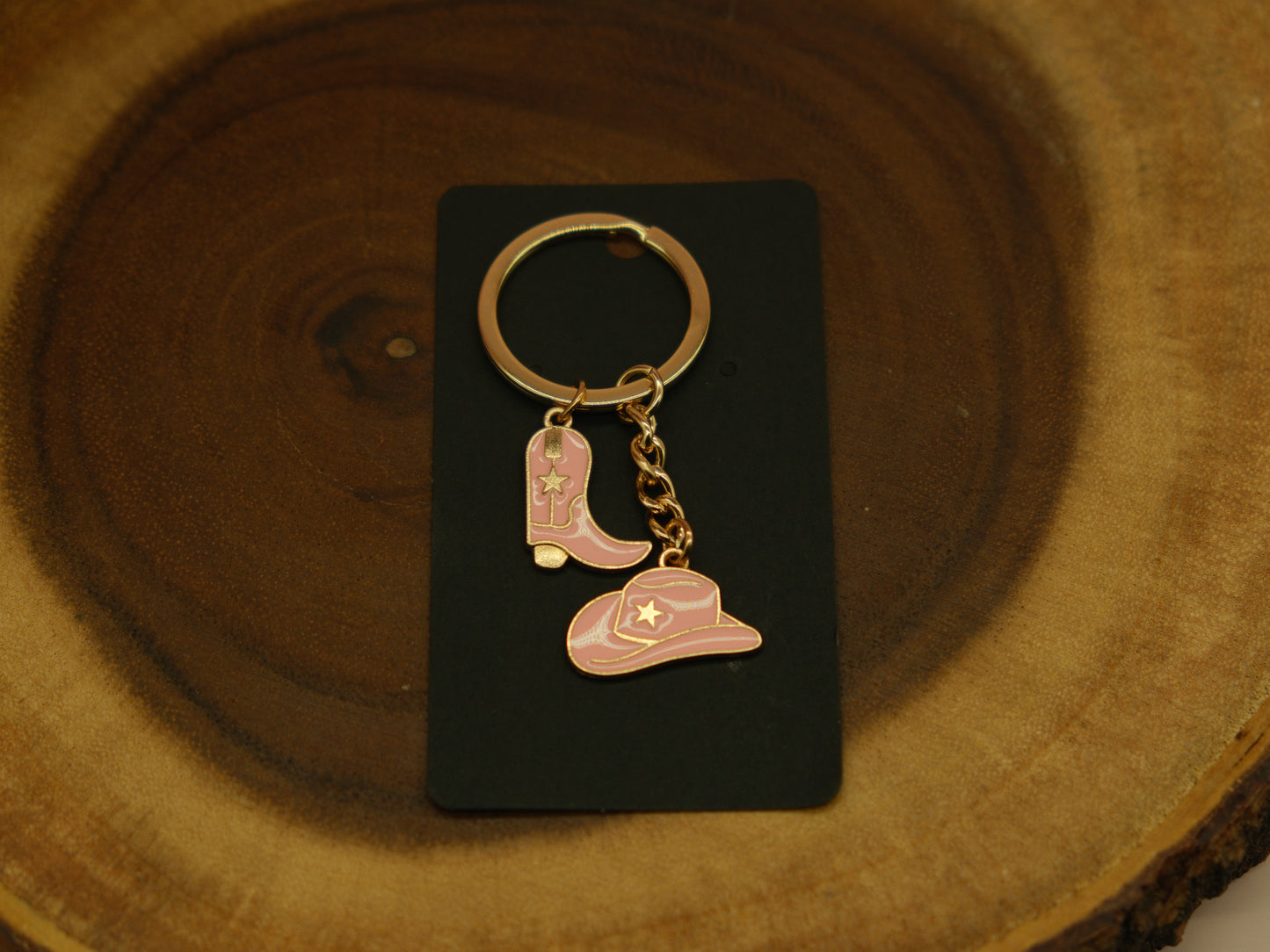Cowboy Hat and Boot pink and gold keychain