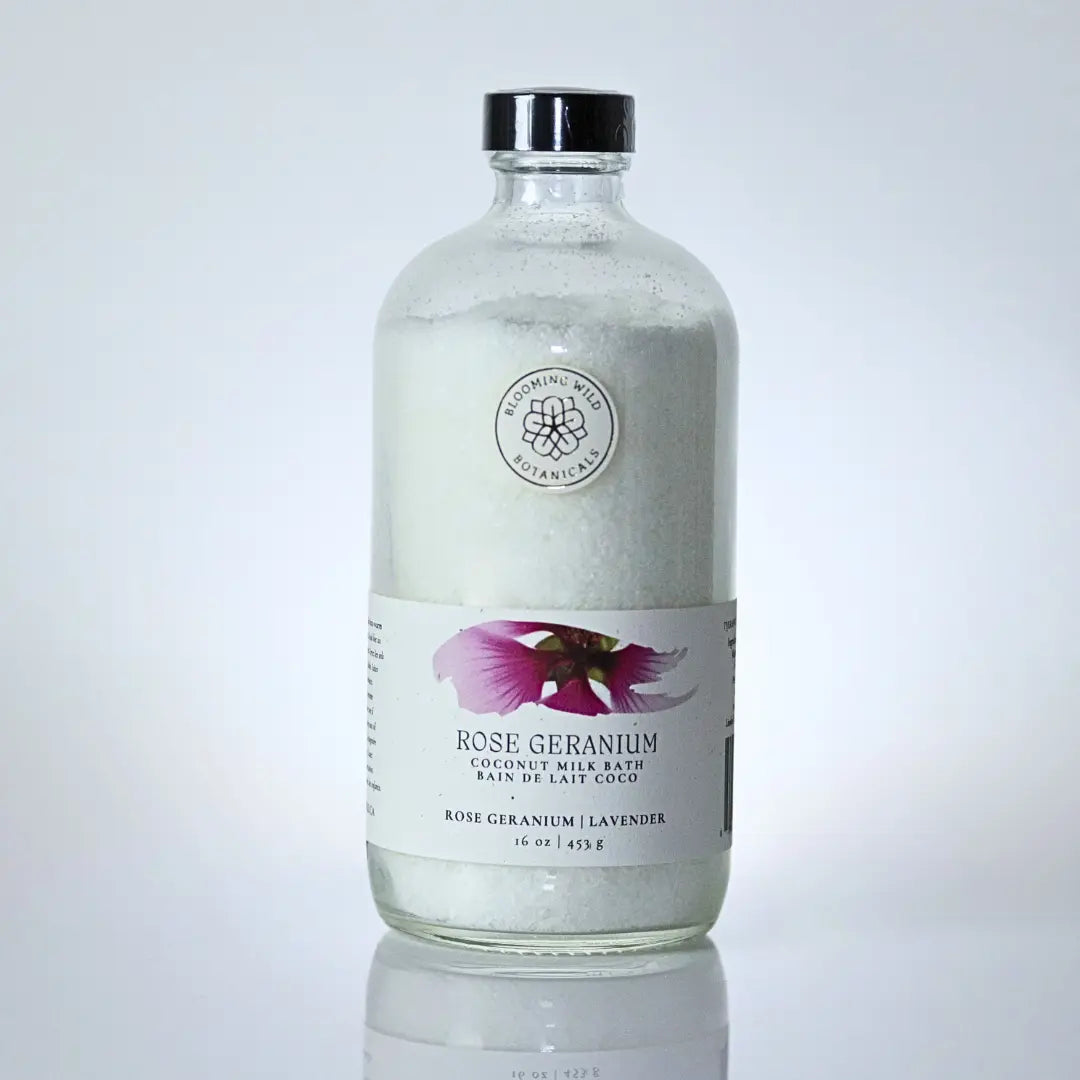 Rose Geranium Coconut Milk Bath Salts | Large Bottle Blooming Wild Botanicals