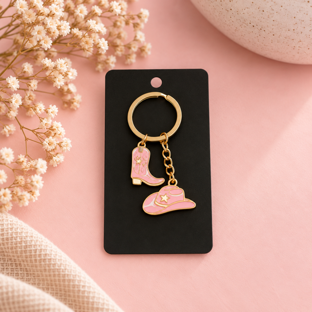 Cowboy Hat and Boot pink and gold keychain Belle Box