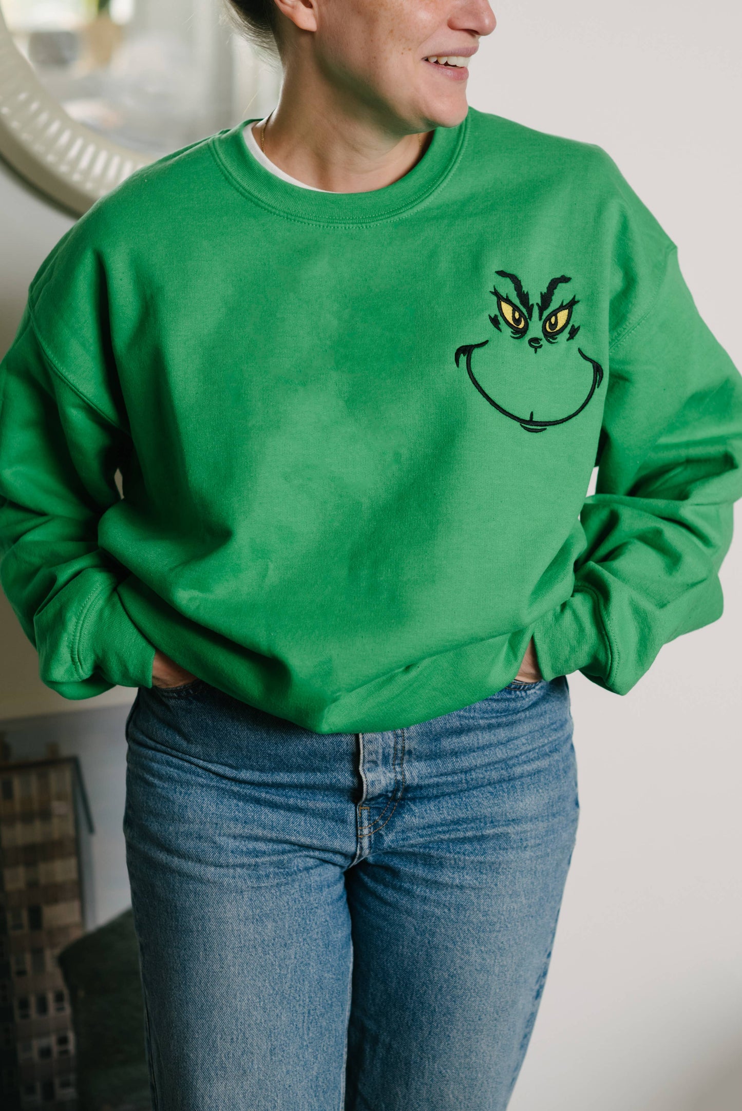 Christmas Grinch Face embroidered crewneck sweater