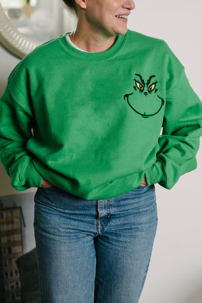 Christmas Grinch Face embroidered crewneck sweater